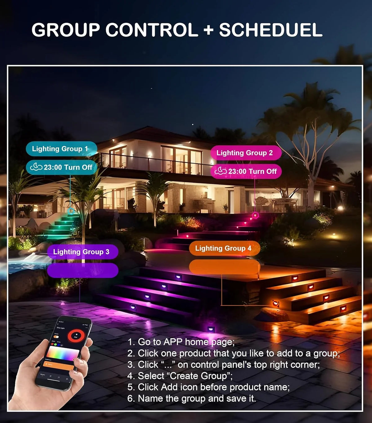 120V Indoor Outdoor Smart LED Step Lights; RGBCW Color Changing Stair Lights;3W 2700K-6500K;Hub Included;Compatible with and Google Home Assistant; 6 Pack