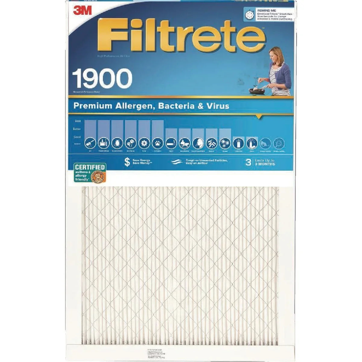 1 PK; Filtrete 20 In. x 20 In. x 1 In. Premium Allergen; Bacteria & Virus 1900 MPR Furnace Filter