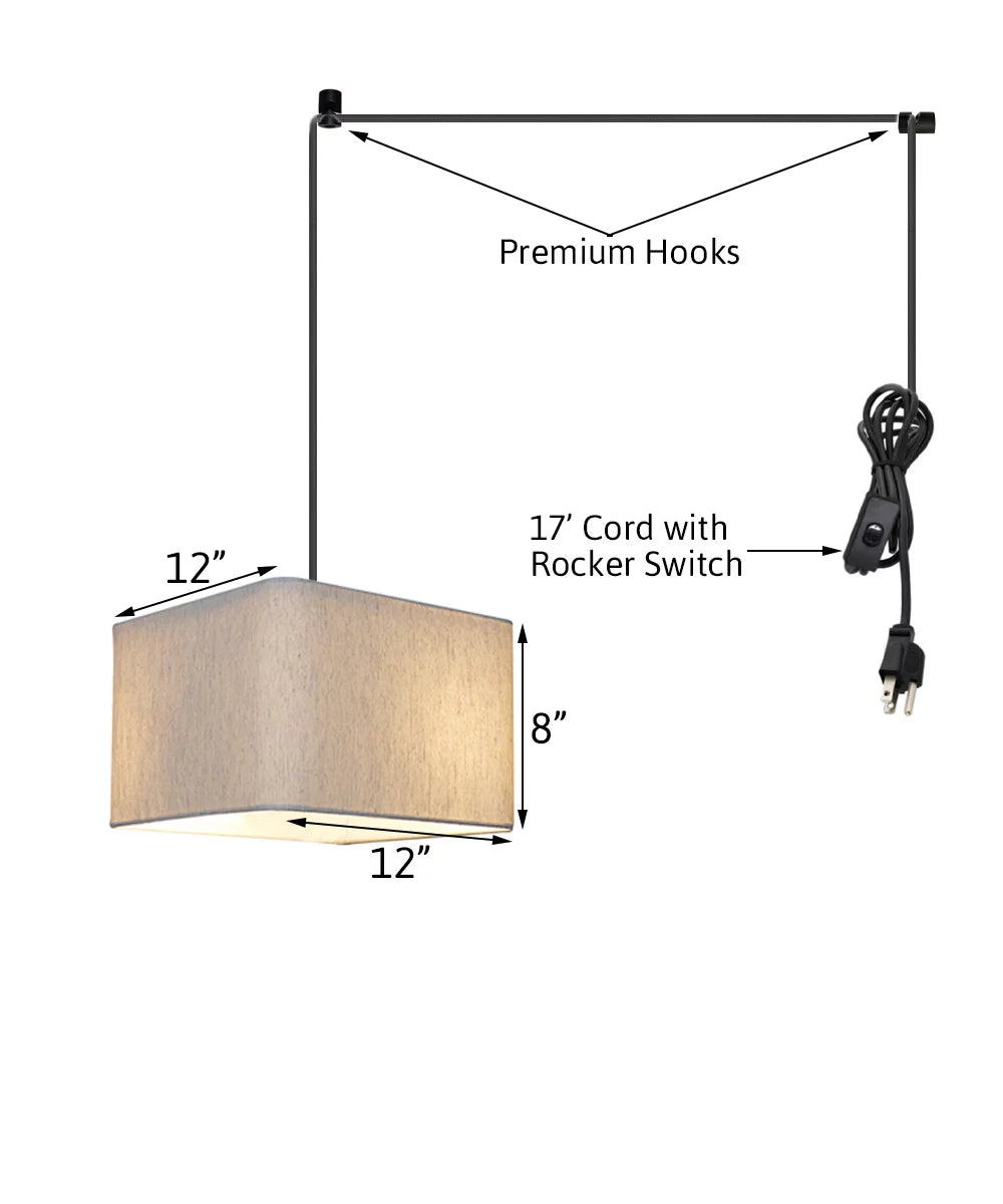 1 Light Swag Plug-In Pendant 14"w Rounded Corner Square Oatmeal Drum Shade; Cord