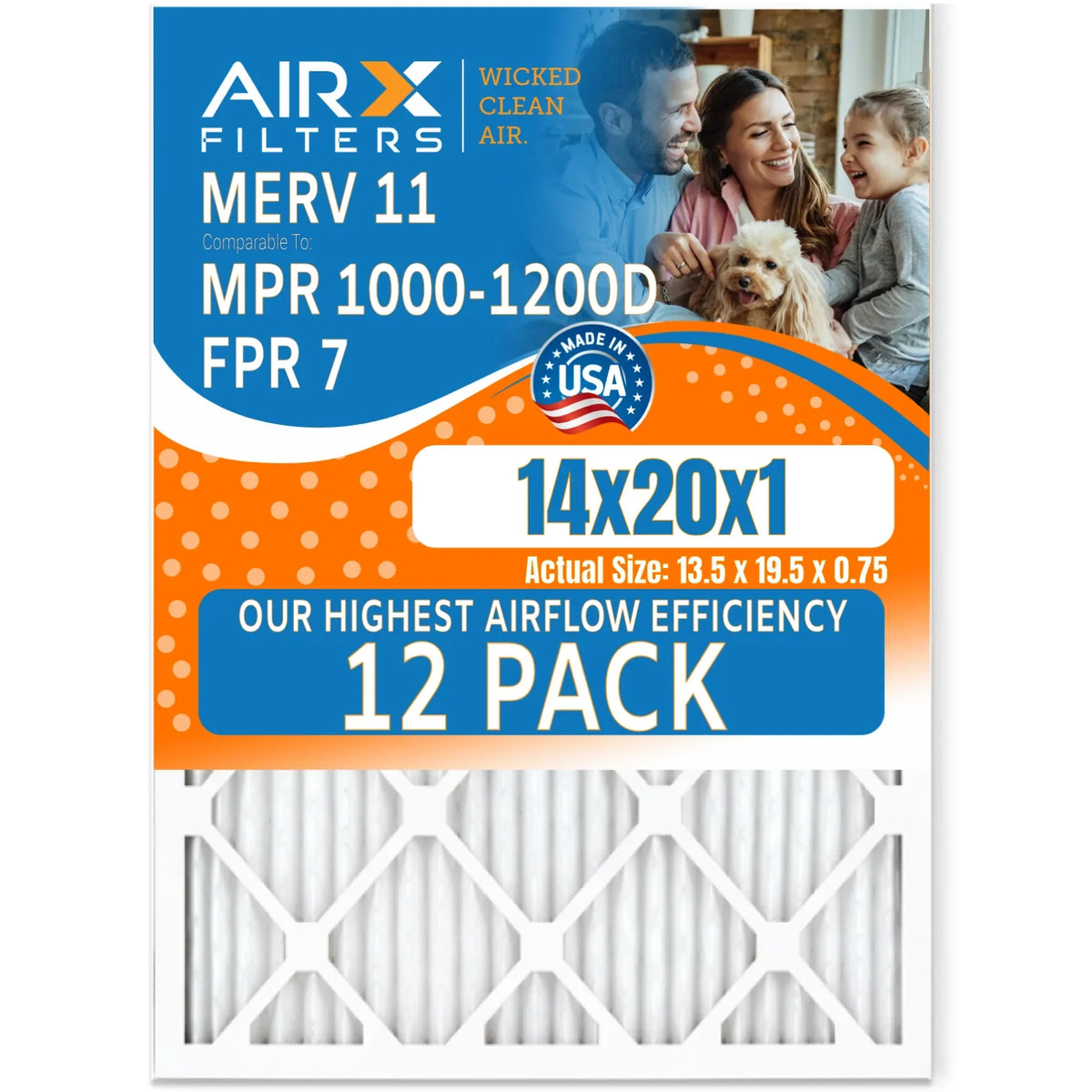 14x20x1 Air Filter MERV 11 Rating; 12 Pack of Furnace Filters Comparable to MPR 1000; MPR 1200; FPR 7; High Efficiency 12 Pack of Furnace Filters Made in USA by AIRX FILTERS WICKED CLEAN AIR.