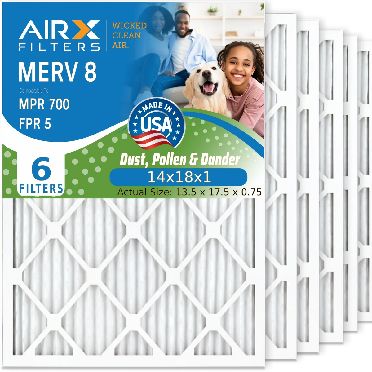 14x18x1 Air Filter MERV 8 Comparable to MPR 700 & FPR 5 Electrostatic Pleated Air Conditioner Filter 6 Pack HVAC AC Premium USA Made 14x18x1 Furnace Filters by AIRX FILTERS WICKED CLEAN AIR.