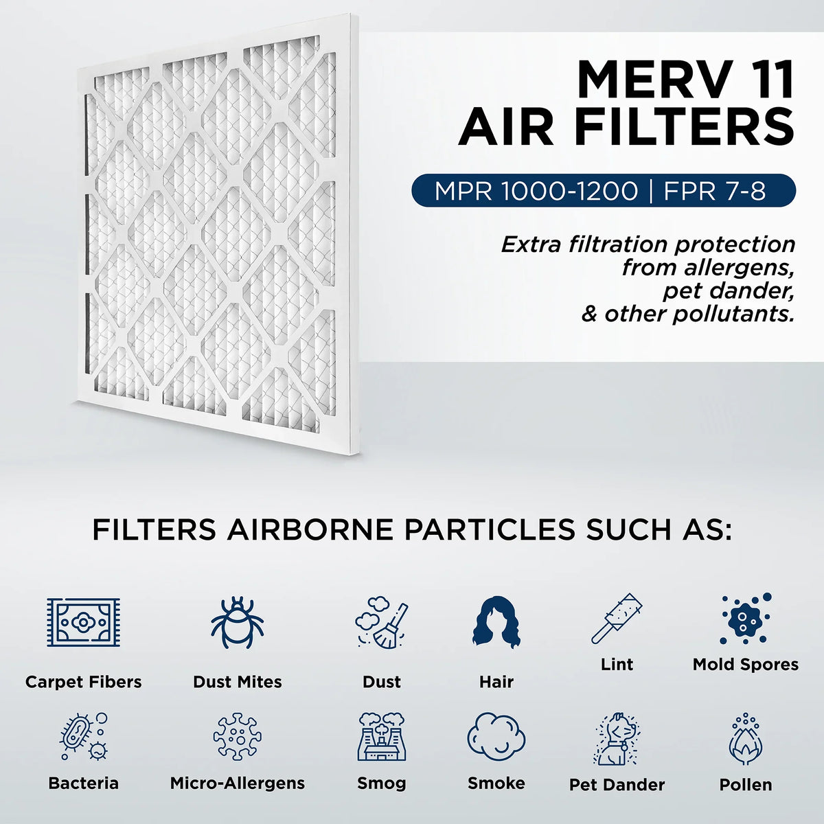 12x20x2 MERV 11; MPR 1000 Pleated AC Furnace 2" Air Filters by Pamlico. Quantity 6. Actual Size: 11-1/2 x 19-1/2 x 1-3/4