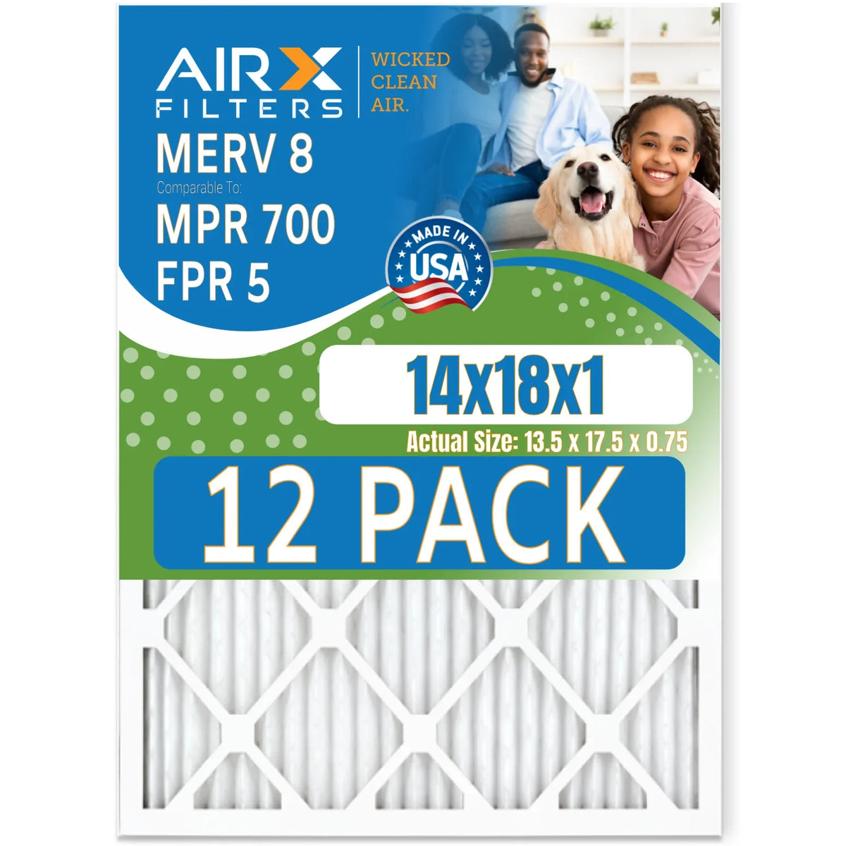 14x18x1 Air Filter MERV 8 Rating; 12 Pack of Furnace Filters Comparable to MPR 700 & FPR 5 - Made in USA by AIRX FILTERS WICKED CLEAN AIR.