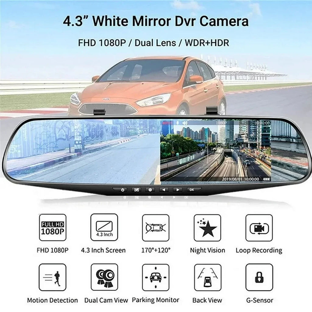 1080P Rearview Mirror Car Camera 4.3" Dash Cam for Cars Trucks; 170°Wide Angle Dual Lens Car Cam Front Rear DVR Monitor; Night Vision; Parking Monitor; G-sensor; Motion Detection