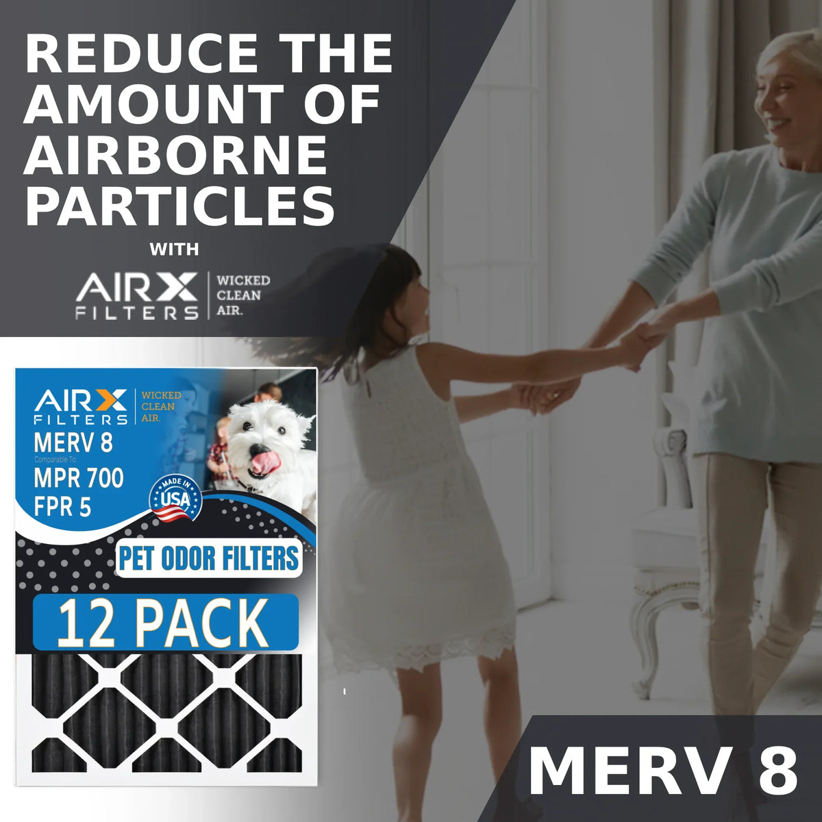 16x20x1 Air Filter MERV 8 Rating; 12 Pack of Furnace Filters Comparable to MPR 700; FPR 5; Pet Odor Retention Filters - Made in USA by AIRX FILTERS WICKED CLEAN AIR.