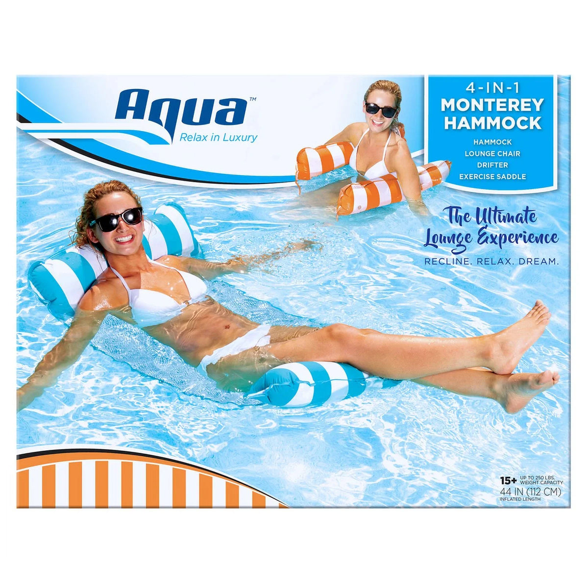 1 Pc; Aqua Swim Assorted Fabric/Mesh Inflatable 4-In-1 Monterey Hammock Pool Lounge