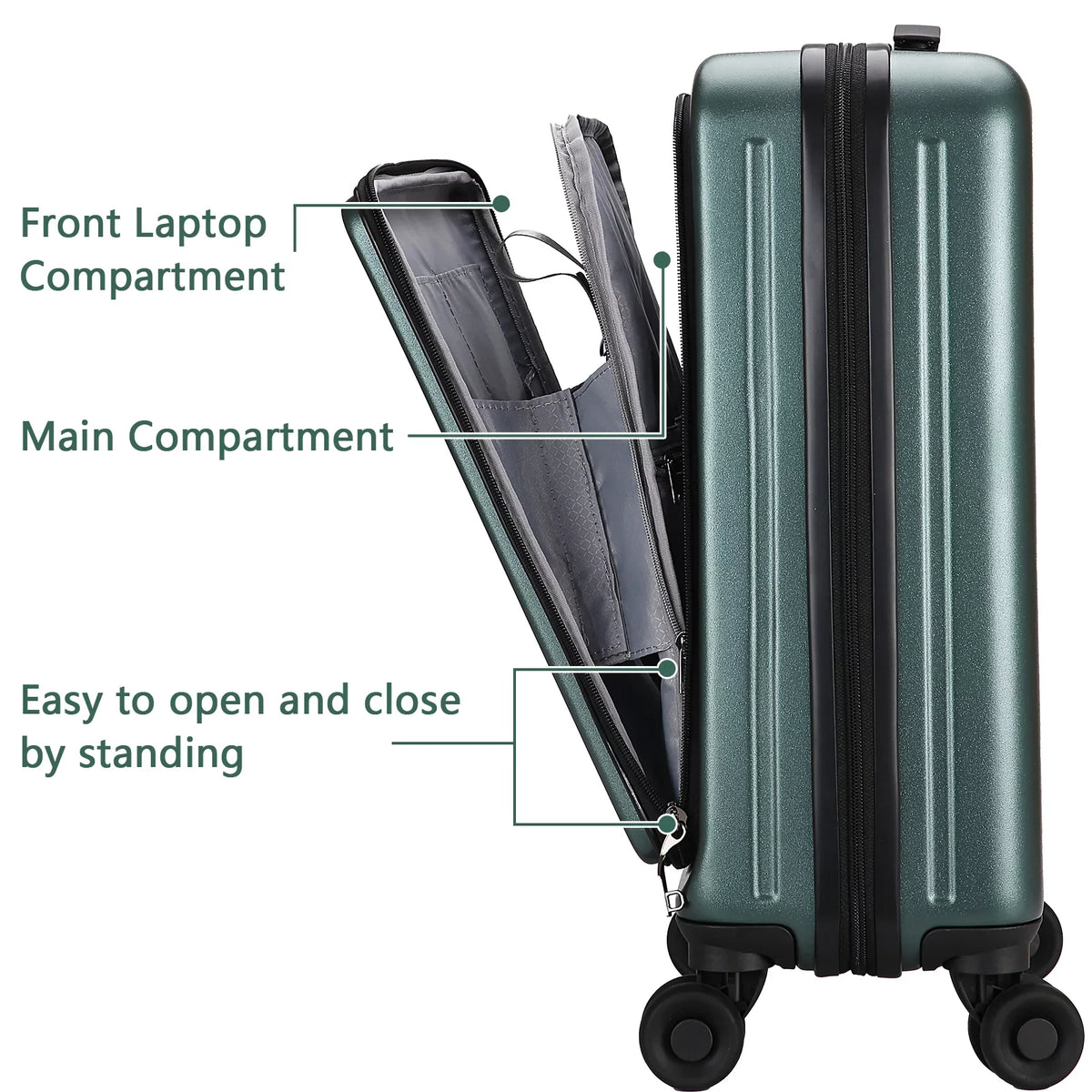 2 Piece 20/24 Luggage Set; Only 20 with Front Laptop Pocket & Expandle; Lightweight ABS+PC Hardshell Suitcase with TSA Lock & Spinner Wheels; 20 mm 37~41L + 24 mm 65L; Dark Green