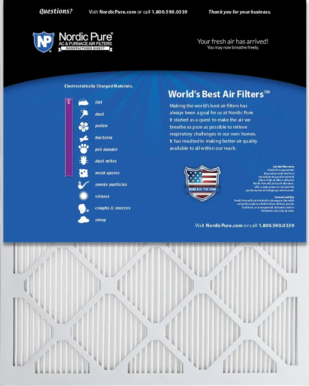10x24x1 Nordic Pure Tru Mini Pleat MERV 8 AC Furnace Air Filters 3 Pack