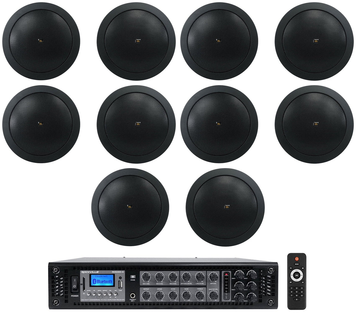 (10) JBL CONTROL 14C/T-BK 4" 25w 70v In-Ceiling Speakers+Amplifier